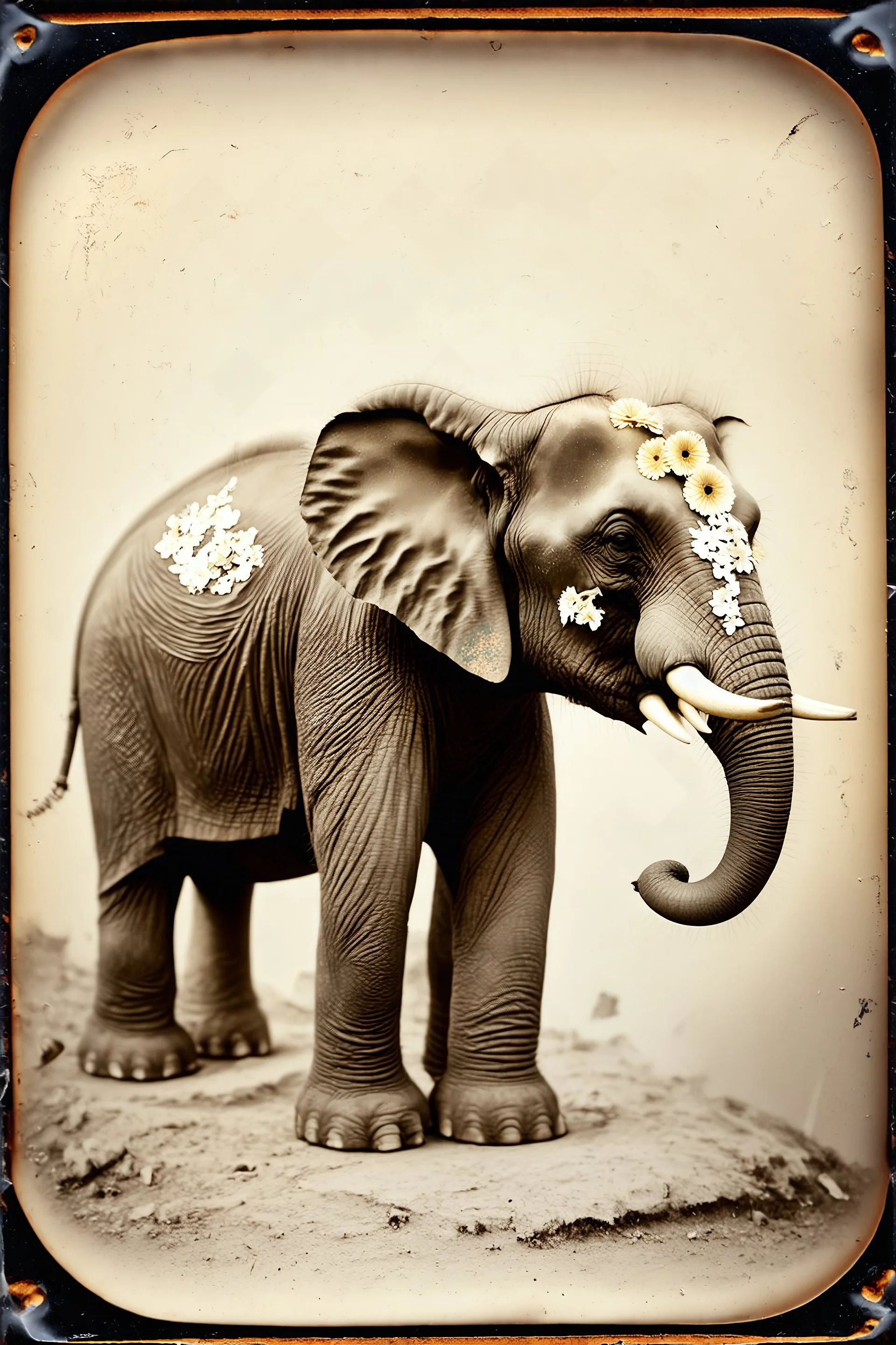 Elephant avec des fleurs peintes , tintype