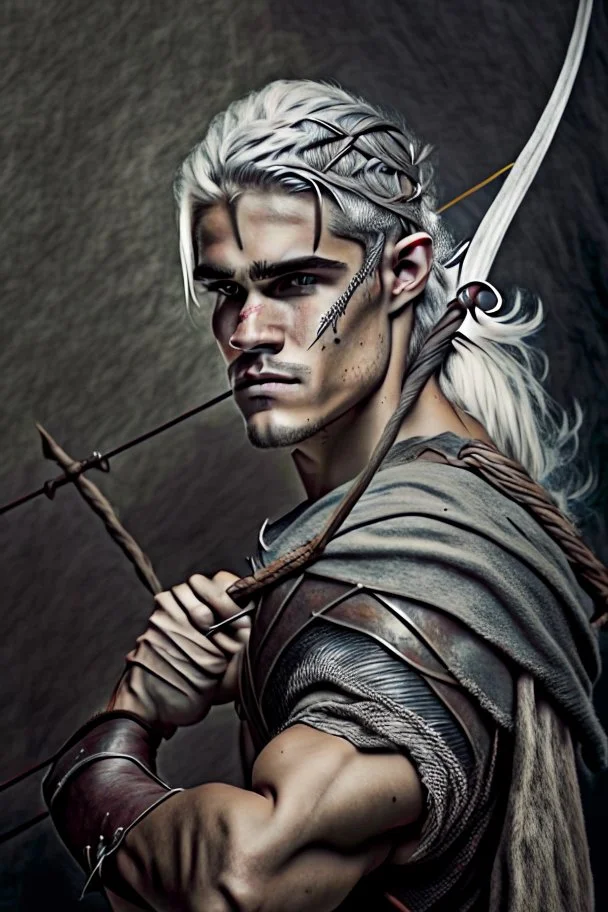 gladiator gray hair young medieval man with a longbow