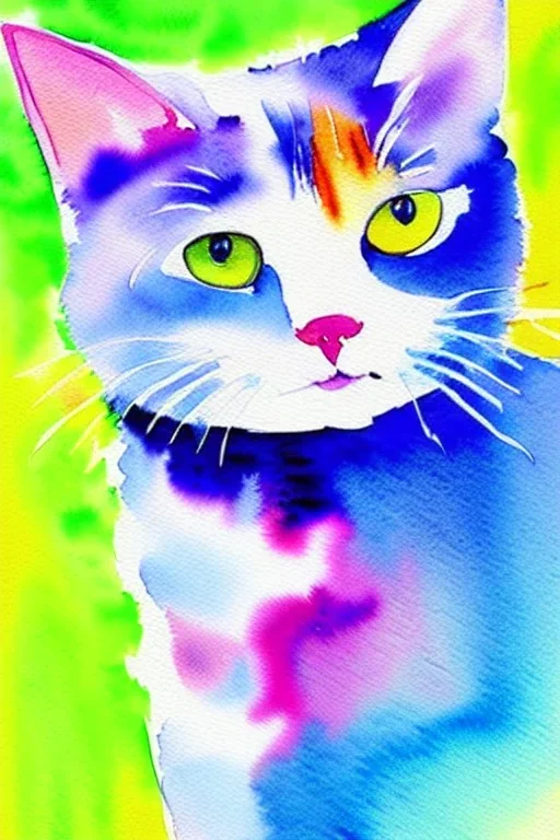 watercolor painting, happy cat, bright color,