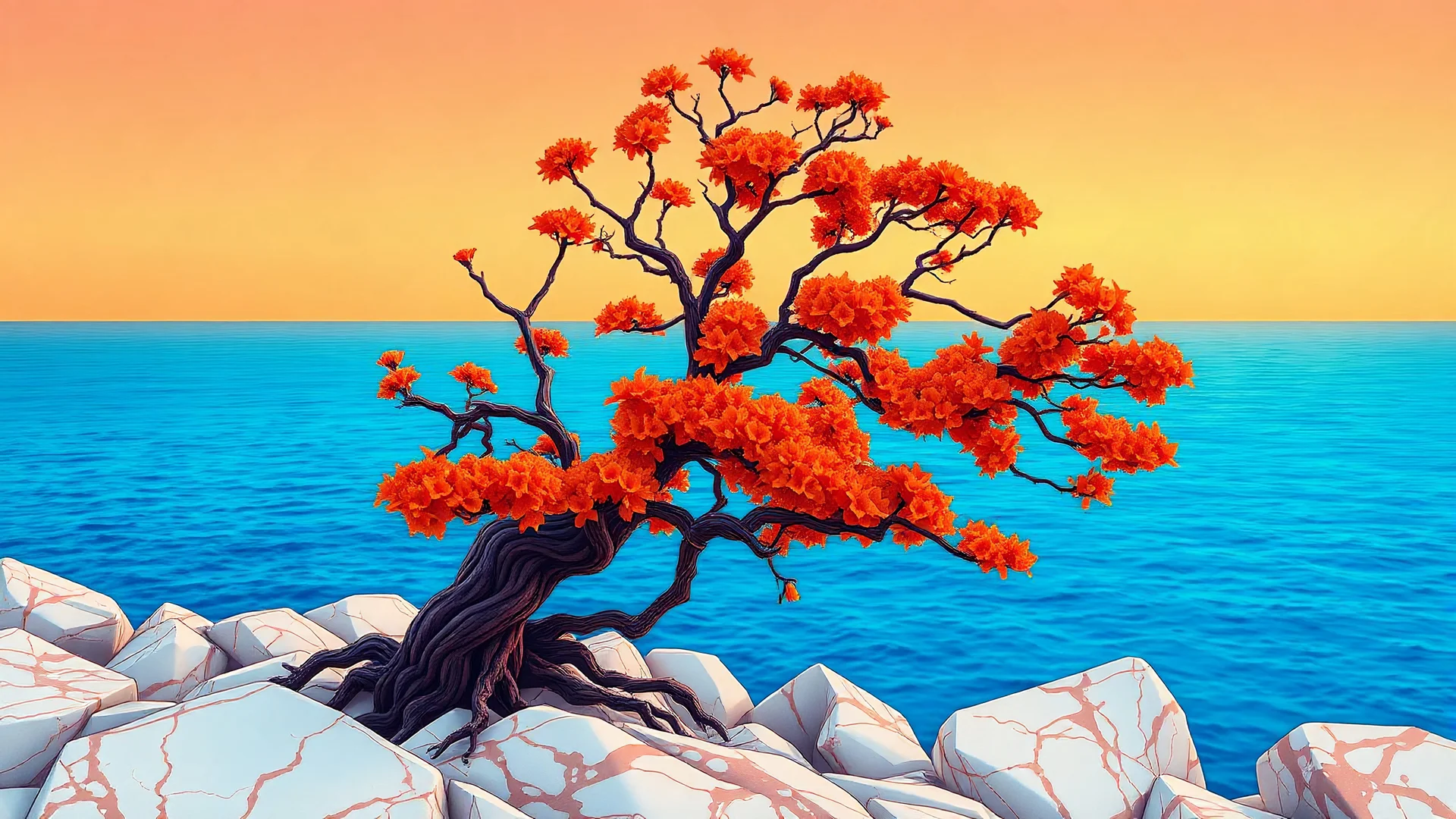 an orange colored-flowered tree with twisted branches, its orange color blooms contrasting a smooth, vibrant blue sea. set against a base of rugged white marble rocks with red streaks. The sky is a soft sunset, drawn with bold lines and a cel-shaded technique to emphasize the striking color contrast.