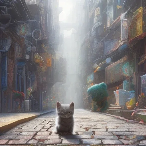 pixar style, volumetric New York City alley with steel garbage can environment and background, realistic painting of a cute Munchkin black kitten on the ground, looking excited, detailed digital painting, extreme dense and fine fur, anime, ornate, colour-washed colors, elegant, small minutiae, particulars, centered, smooth, sharp focus, renderman gofur render, 8k, uhd, detailed eyes, realistic shaded volumetric lighting