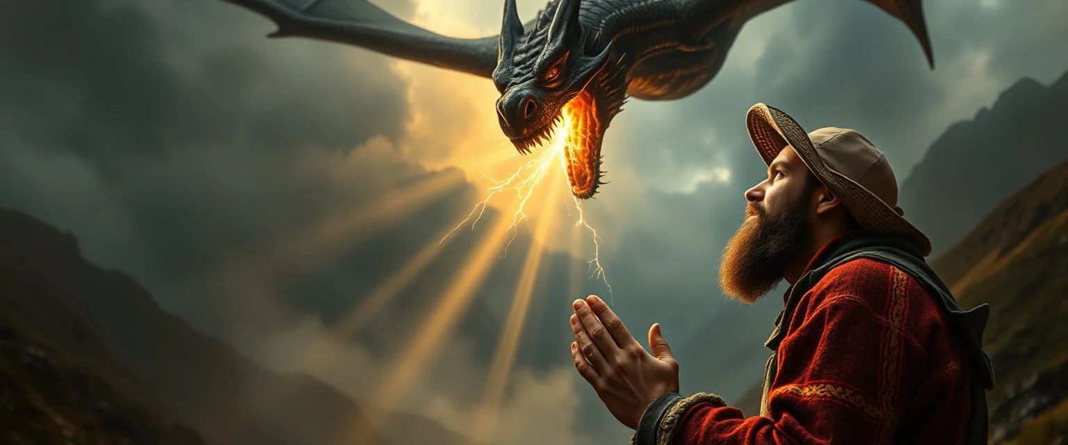 master oil painting by Rembrandt, close up portrait of farmer in Valdres praying below raging dragon, light beams through volume fog sky in mountain pass, dragon cast spells of lightening, motion blurred background, depth of field
