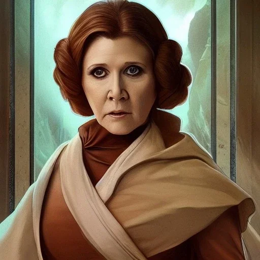 [[extrem stunning photorealistic Carrie Fisher as Princess Leia]] :: [[photorealistic face with brown eyes, short hair, head and shoulders portrait, 8k resolution photorealistic portrait by Greg Rutkowski, Artgerm, WLOP, Alphonse Mucha, dynamic lighting, hyperdetailed, intricately detailed, triadic colors]]