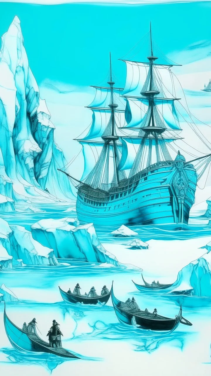 A cyan glacier with pirate ships designed in ancient Greek pottery painted by Andy Warhol