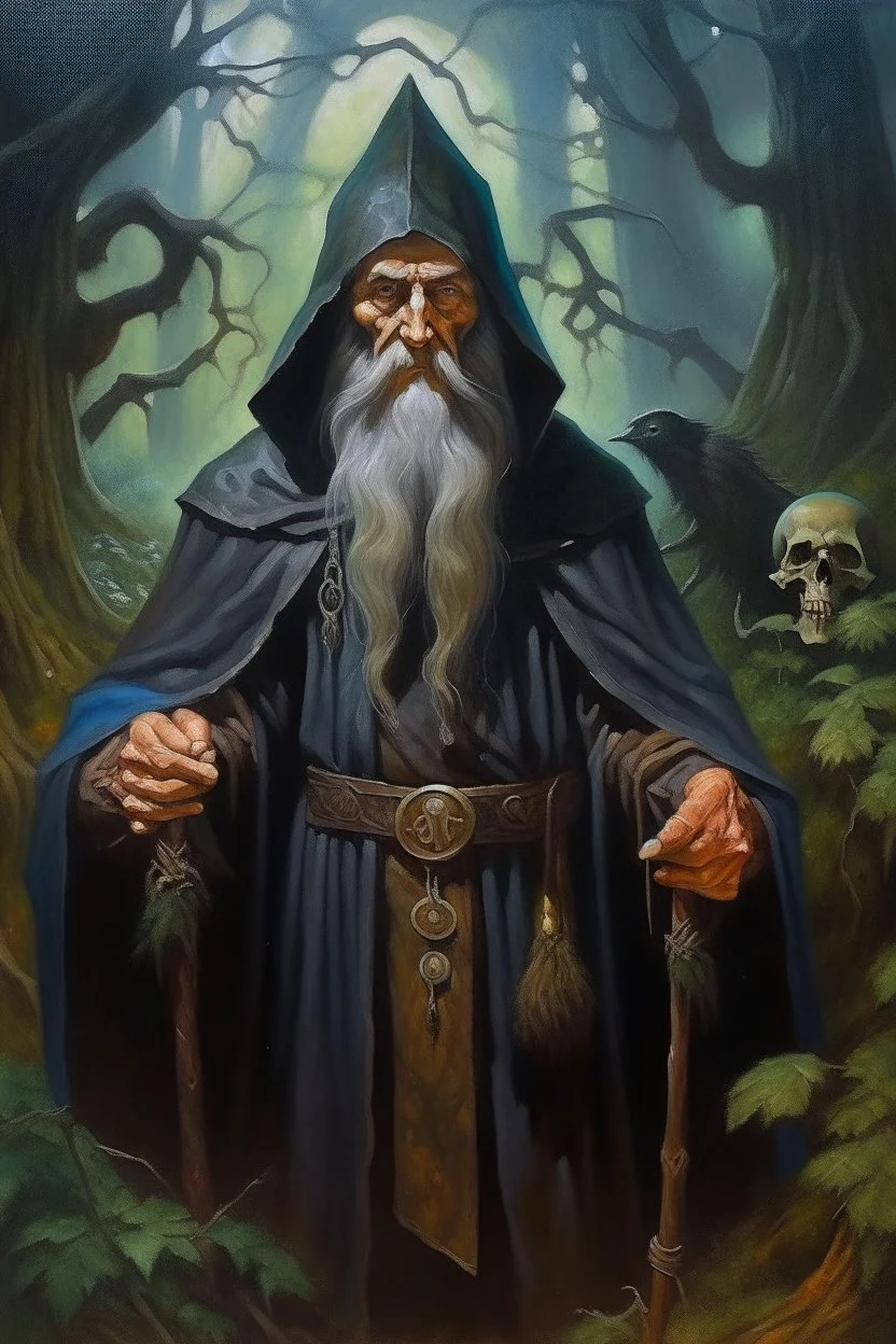 1970's dark fantasy cover dnd style oil painting of an old herbalist rasputin like hero with sport outfits with minimalist far perspective. Magazine.