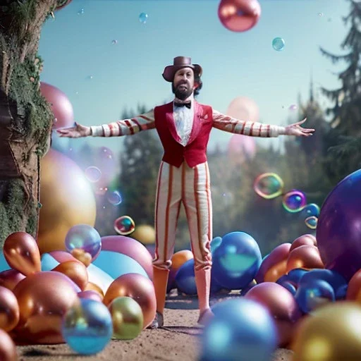 Ultra realistic circus scene. dancer man, waist up view, Wes Anderson style, happy, bubbles, confeti, highly detailed, concept art, unreal engine 5, god rays, ray tracing, RTX, lumen lighting, ultra detail, volumetric lighting, 3d, finely drawn, high definition, high resolution.