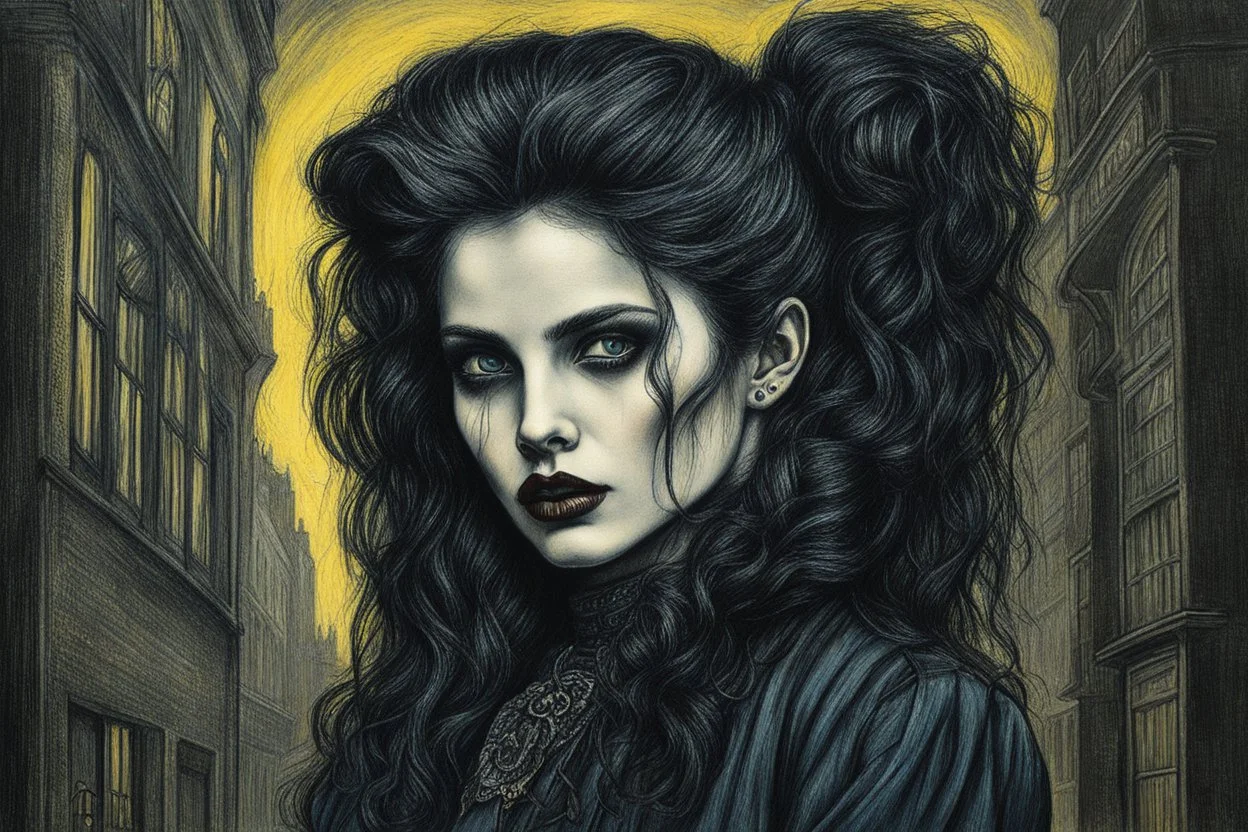 create full body oil pastel of a dark haired, savage, gothpunk vampire girl with highly detailed , sharply defined hair and facial features , in the darkened streets of Victorian London, in the style of JEAN-FRANCOIS MILLET