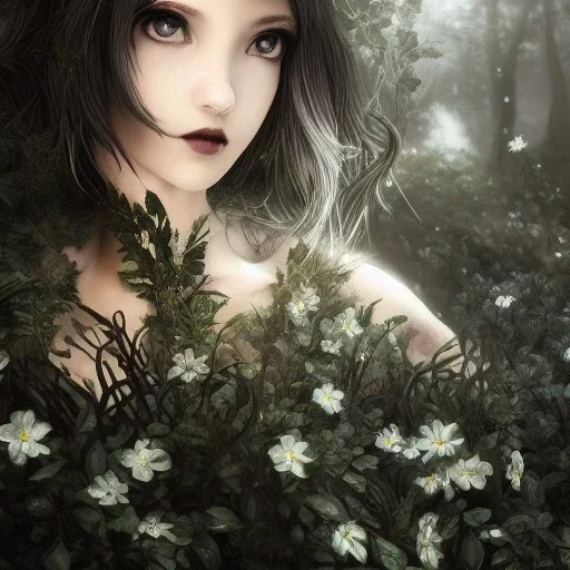 Black flowers and beautiful girl ultra-realistic, highly detailed, masterpiece, delicate detailed, sharp focus, insanely detailed, fantasy art, intricate detailed, elegant, fog, Special Lighting, Vibrant, color Scheme, forest, unreal engine 5, trending on artstation, anime