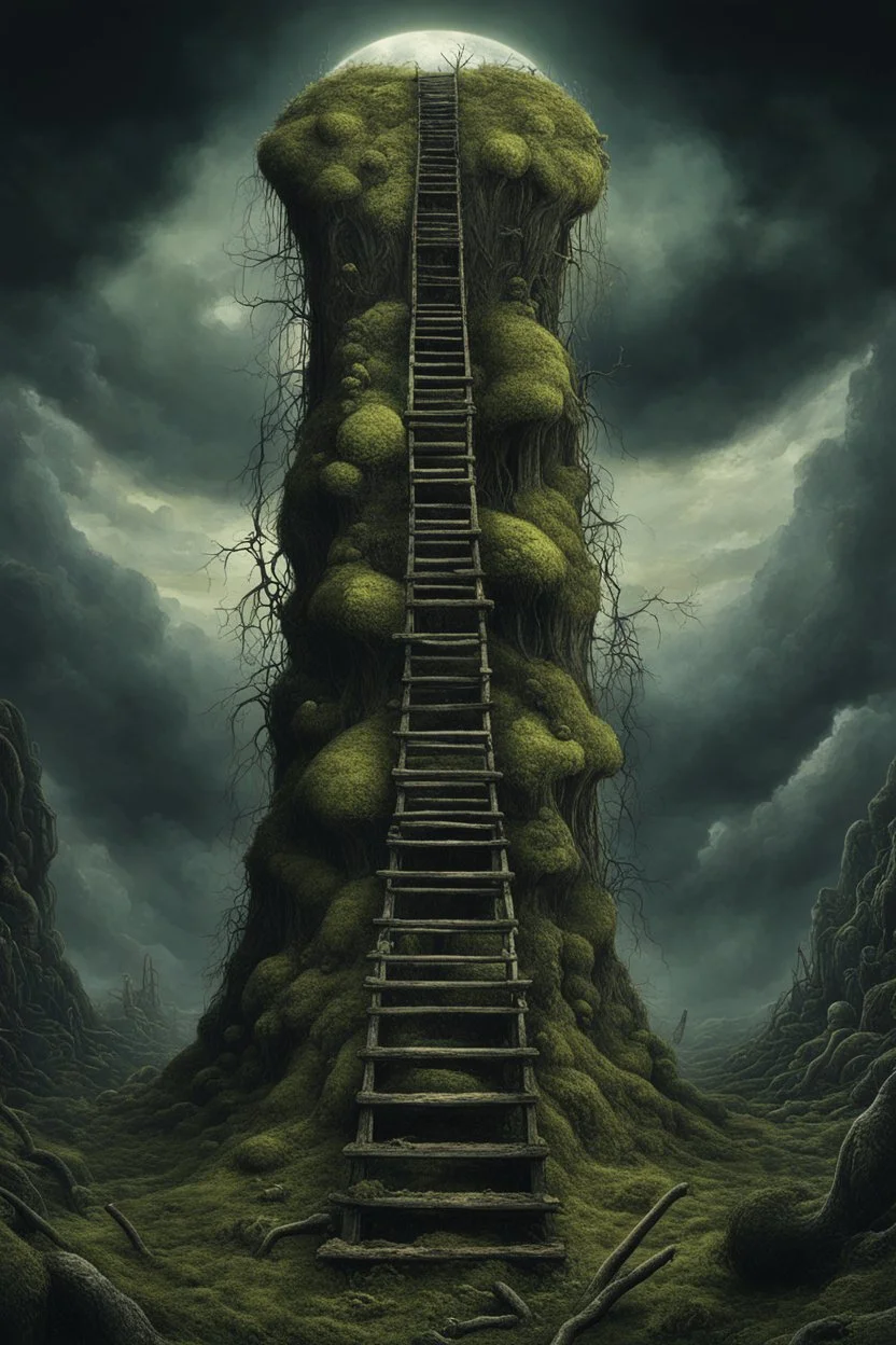 ladder to nowhere curiosities in a mossy nightmare dream, neo surrealism, styled by Zdzislaw Beksinski and Roland Topor, hyperdetailed, black background, eerie, magical effects, trending on Artstation, 8k, wonderfully morbid and strange, by Magritte