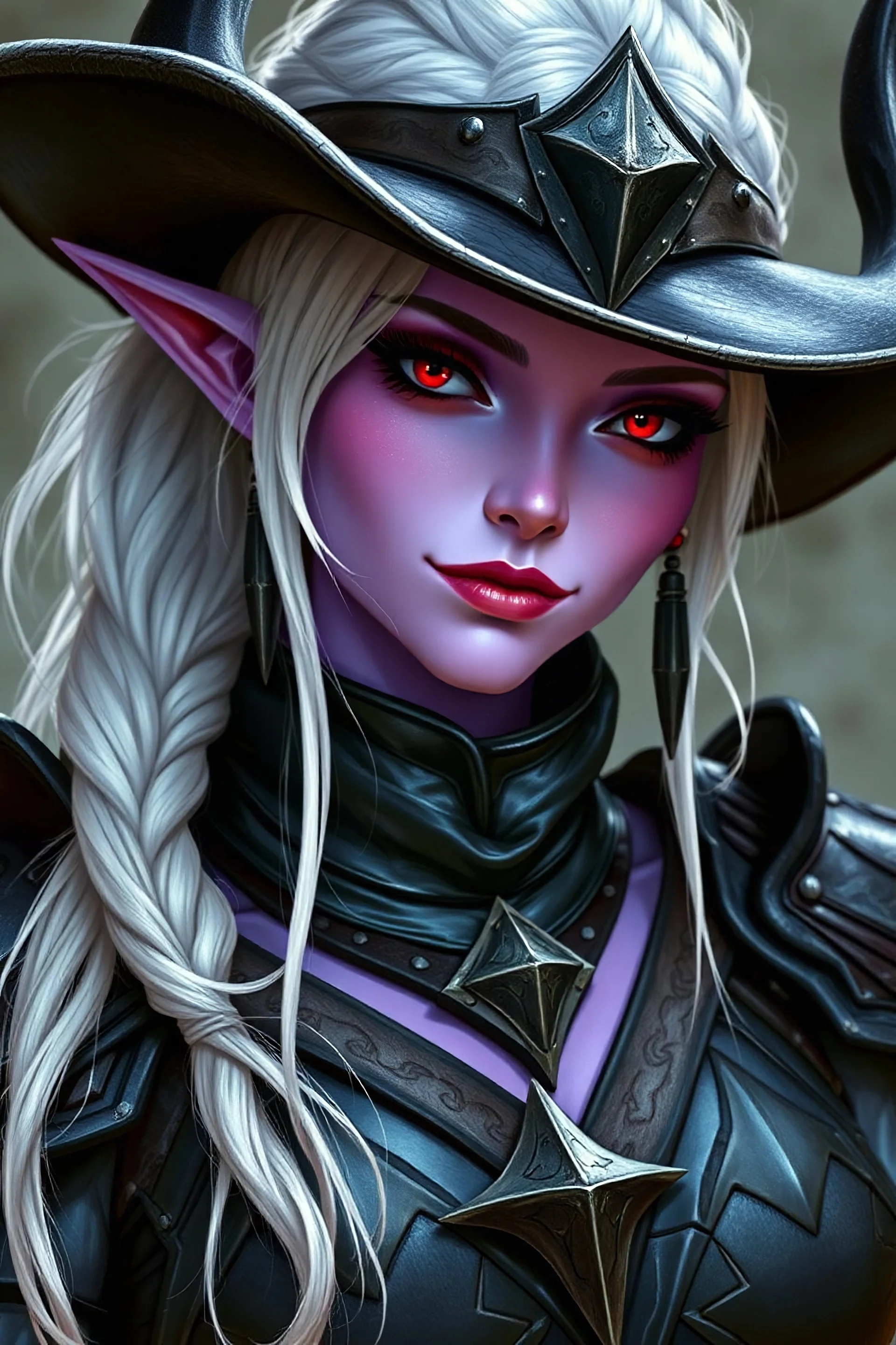 Dungeons and Dragons cowboy shot of a female noble drow inquisitor blessed by Asmodeus. She has white hair in a dutch sidetail, vivid lilac colored skin, looks about 30, crimson eyes, black adamantine armor, and has a smirk on her face.