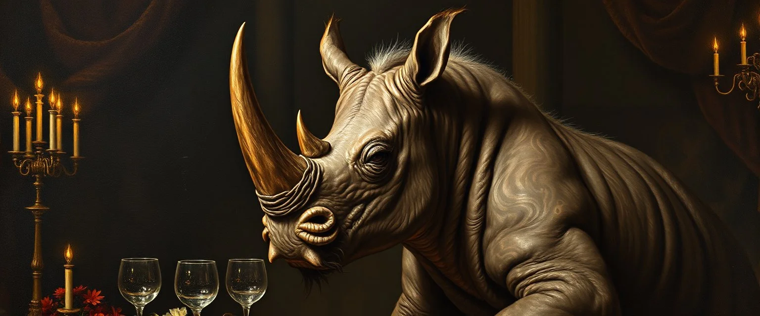portrait painted by Rembrandt, stupid looking furry dragon rhino at banquet