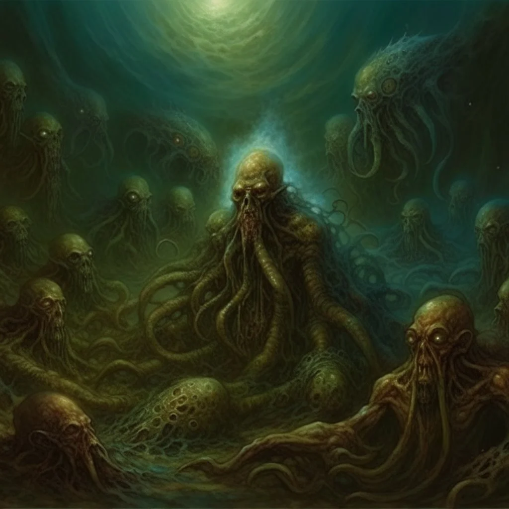 Music lyrics to image: " ancient Cthulhu Not dead but dreaming ...disgorged into a sea of stars!" (metal album cover artwork by Zdzislaw Beksinski, Michael Whelan, Brian Froud:1.6). ((Themes: lovecraftian horror, eldritch gods, existential dread)), masterpiece, intricate detailed, absurd res, hyperdetailed