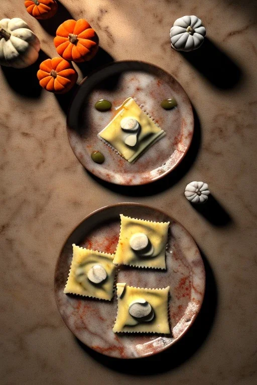 Cooking photo of Raviolis with truffle and pumpkin, olive oil, moisture, art, natural, ornaments, ceramic, marble, high kitchen, smooth, god rays, unreal engine 5, ray tracing, RTX, lumen lighting, ultra detail, volumetric lighting, 3d.