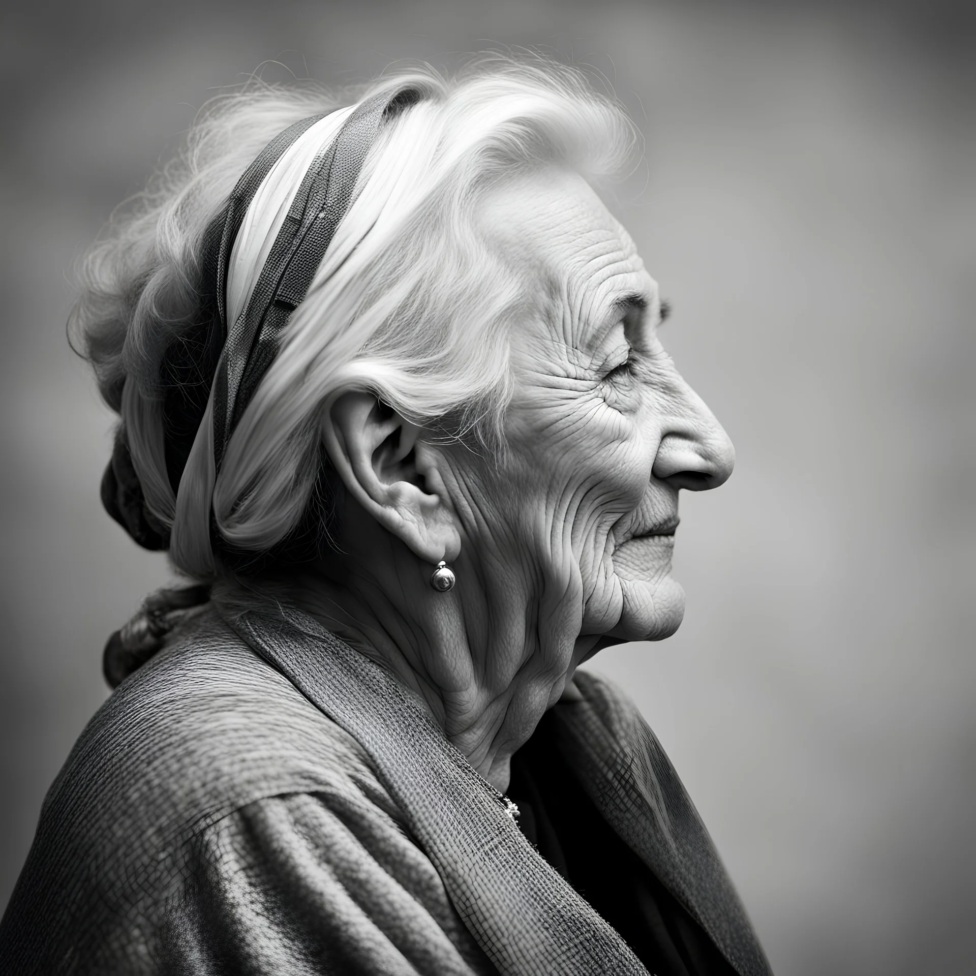 Portrait of an elderly Greek grandmother, profile, black and white