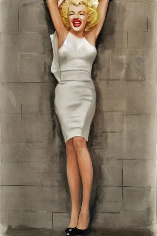 Painting, photorealistic, Marilyn Monroe, front view medium shot ankle-length white dress, white high-heeled shoes standing over a subway grating, dress billowing up, style of The Seven Year Itch