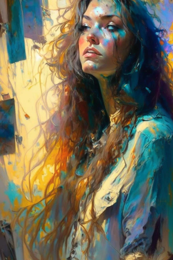 A bohemian artist with long, wavy, ombre hair and expressive, hazel eyes, wearing a paint-splattered smock and surrounded by her colorful, abstract artwork in a sunlit studio, in the style of Aleksi Briclot, Charlie Bowater, Dean Cornwell, and Pino Daeni