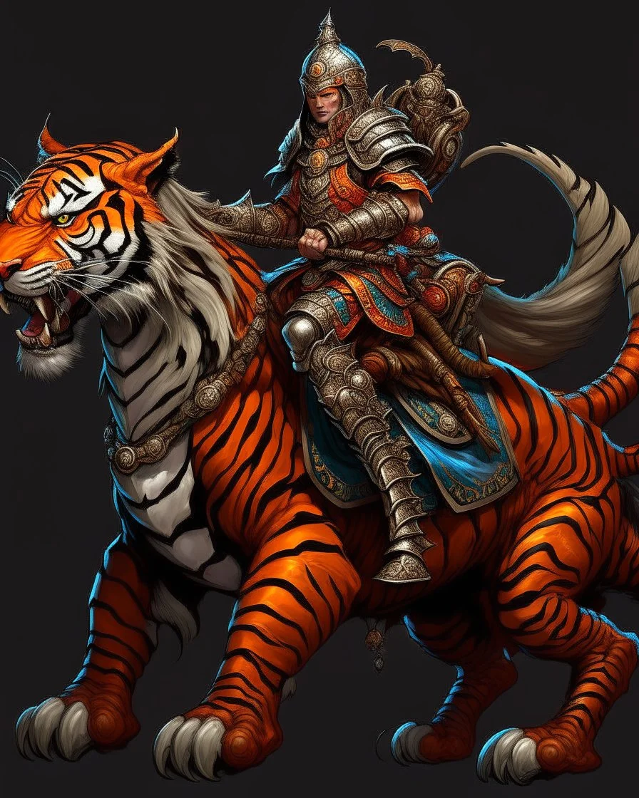 A combination of a dragon and a tiger and a commander riding on it Warrior warrior with leather and metal clothes