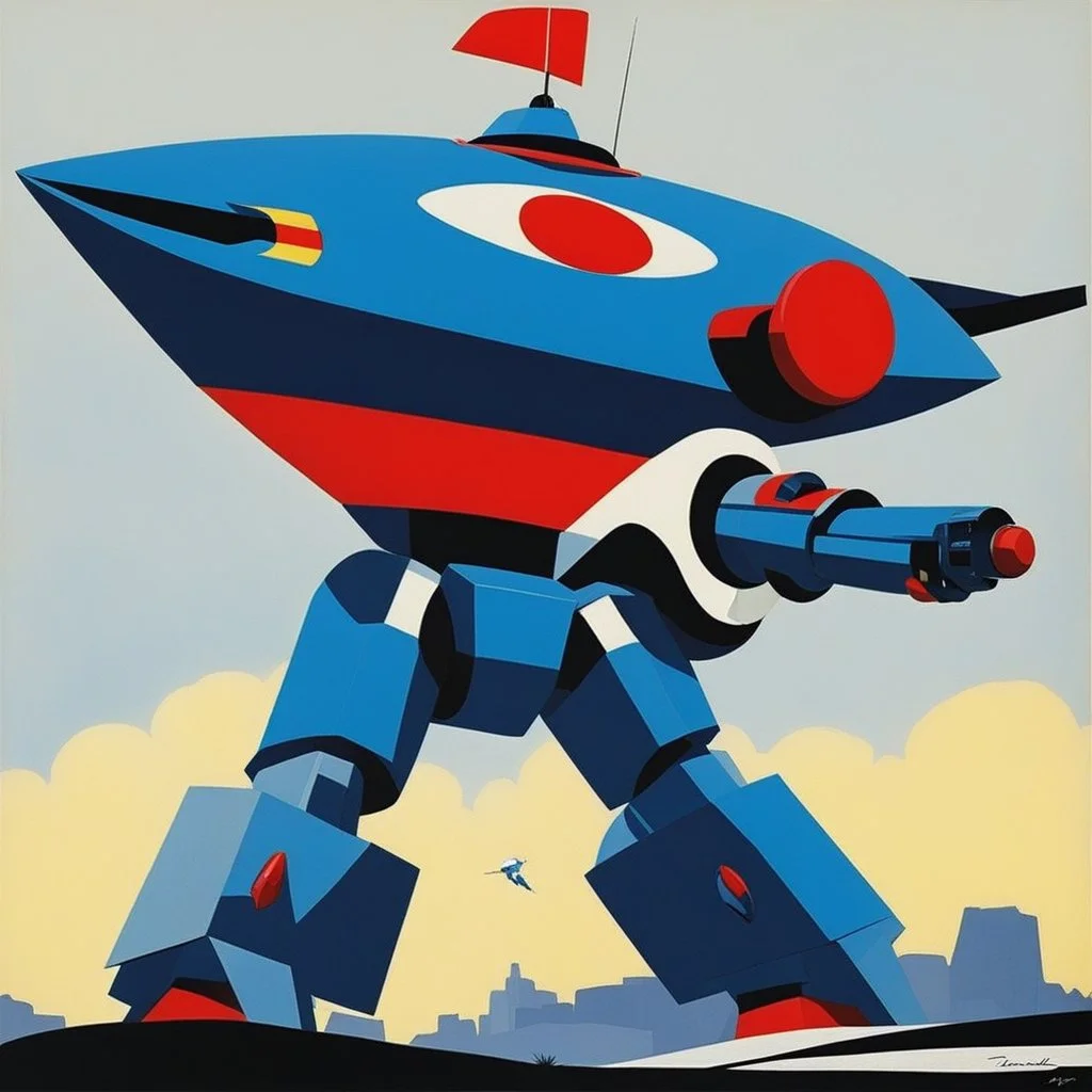 [art by Nicolas de Staël: solid areas of primary colors] UFO Robot Grendizer: Grendizer is a giant monster robot that interfaces with Spacer (Spaizer), a flying saucer that enables the robot to fly.