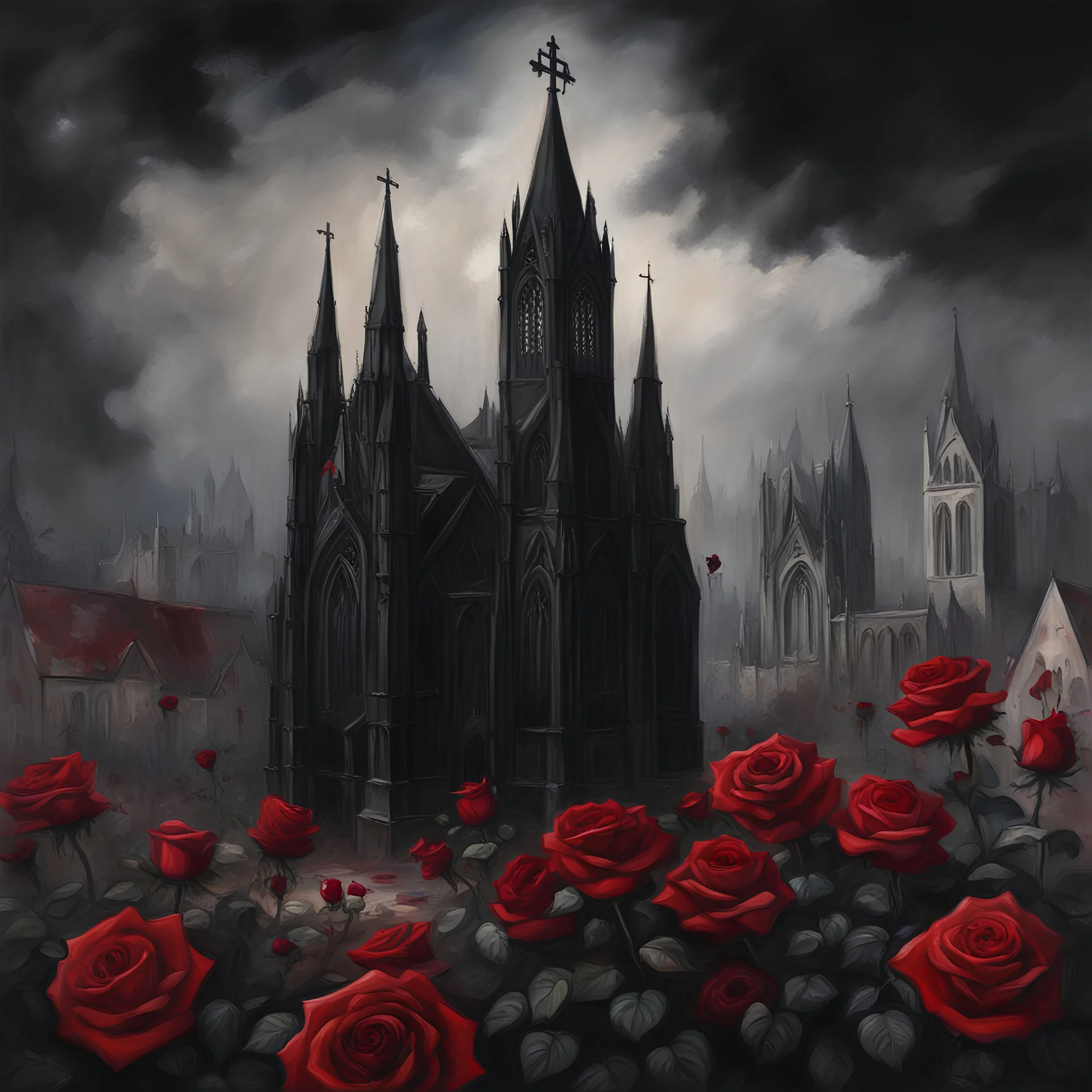 Peinture réaliste d'une église gothique noir surplombant une ville couverte de rose rouge, sombre et triste