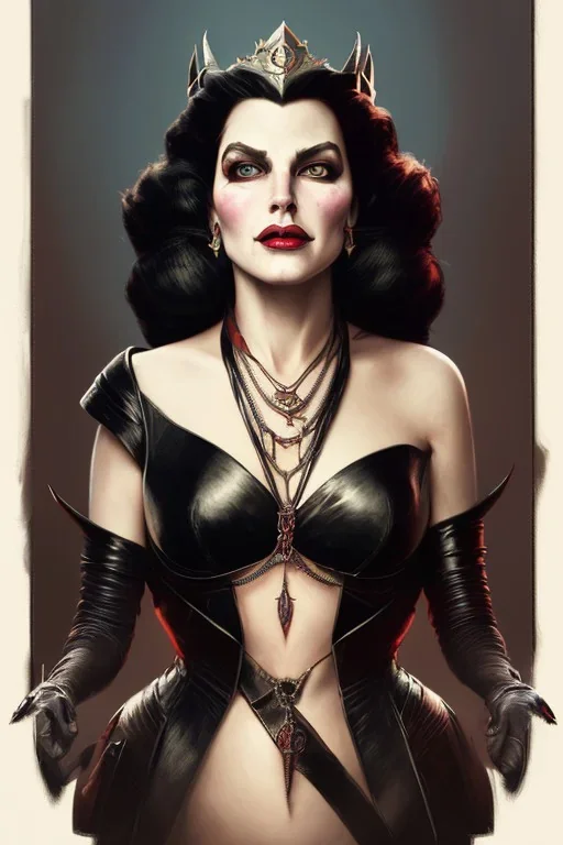 painting of evil queen in black leather, angry, strong, volouptous, busty, cleavage, emperious, mature, highly detailed, digital painting, artstation, concept art, smooth, sharp focus, illustration, art by gaston bussiere and alphonse mucha