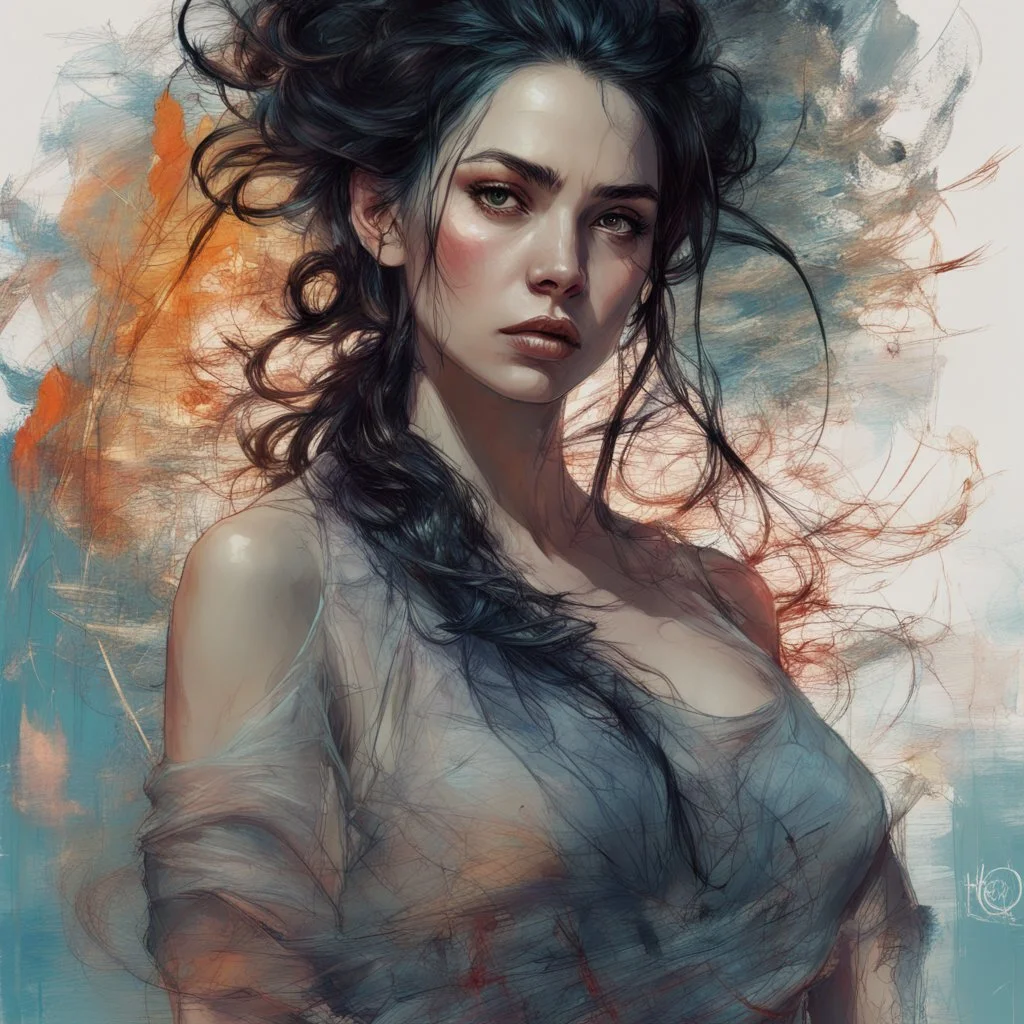 Beautiful woman with black hair, large bosoms, WLOP, Carne Griffiths, Pixar, Norman Rockwell, intricately detailed concept art, 3d digital art, bright colored background, cinematic, Reimagined by industrial light and magic, 8k processing", Lou Xaz