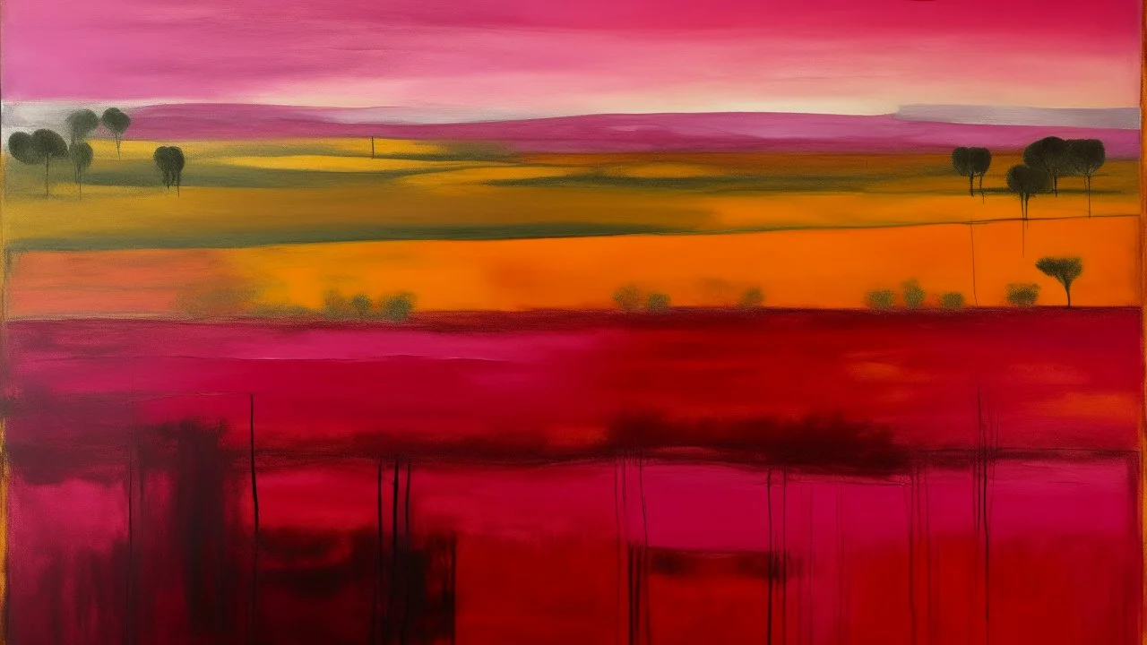 Magenta psychic oracle farmlands with orchards painted by Mark Rothko