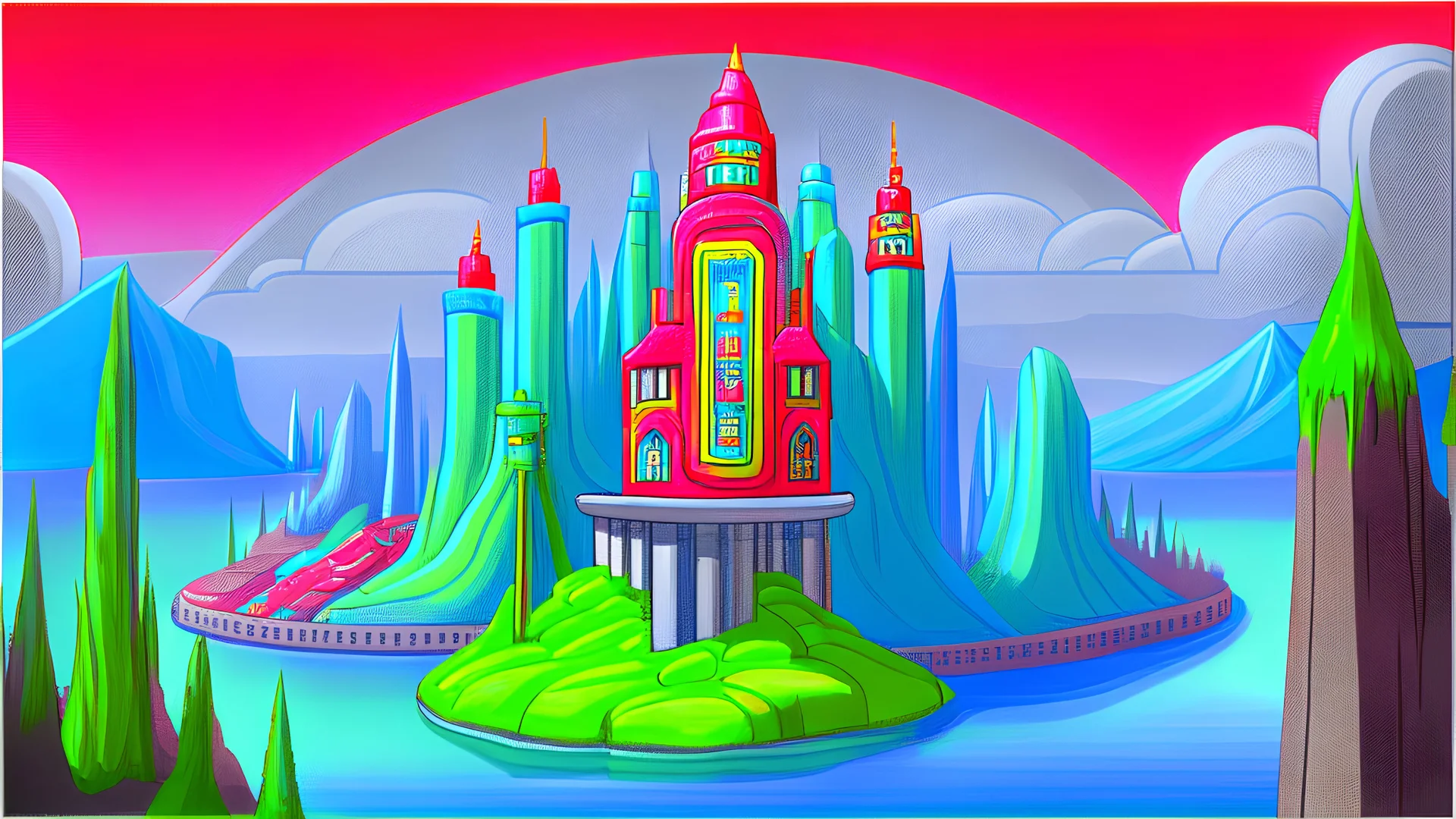 vampire mountain river skyscrapers cartoon