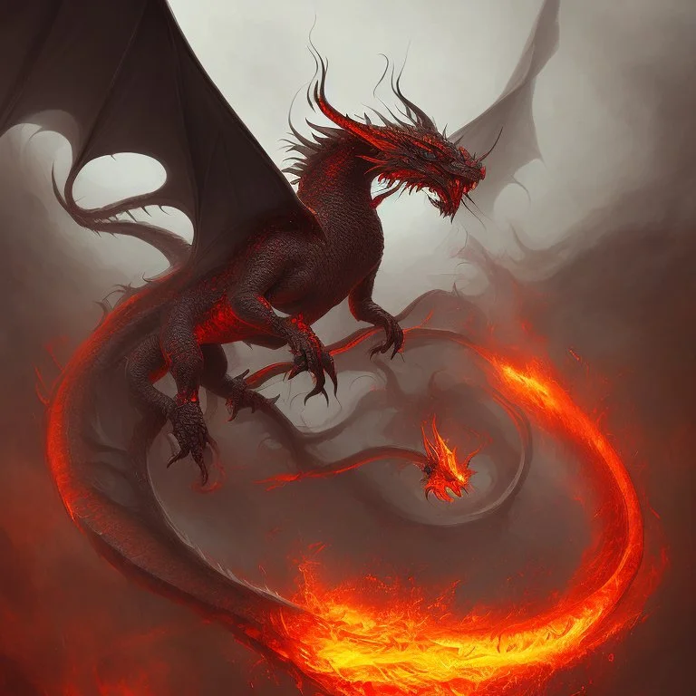 dragon rouge, ailes noires, crache du feu