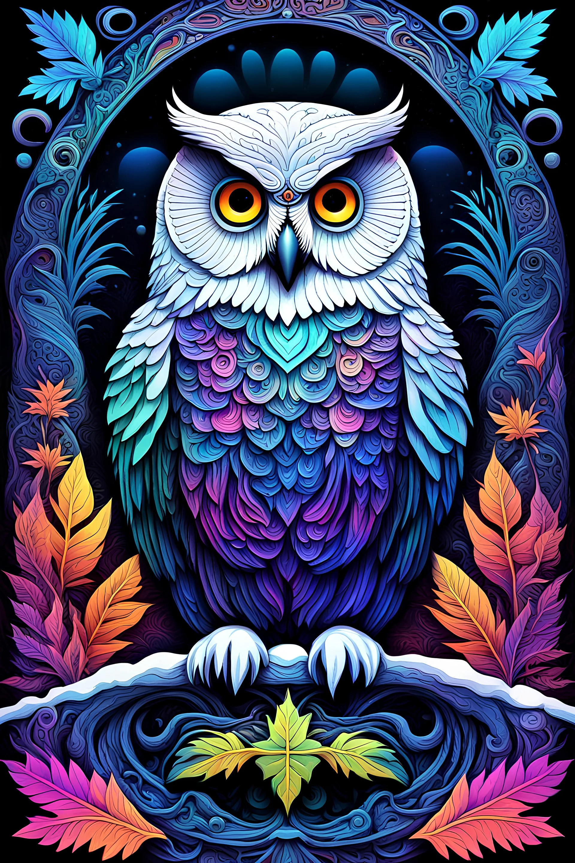 a snow owl, 3D embossed textured ethereal image; midnight hues, extreme colors, snow owl by a river; trippin', psychedelic, groovy, art nouveau; indica, sativa, leaves, gig poster art, macabre, eldritch, bizarre, extreme neon colors, mixed media, velvet, blacklight, uv