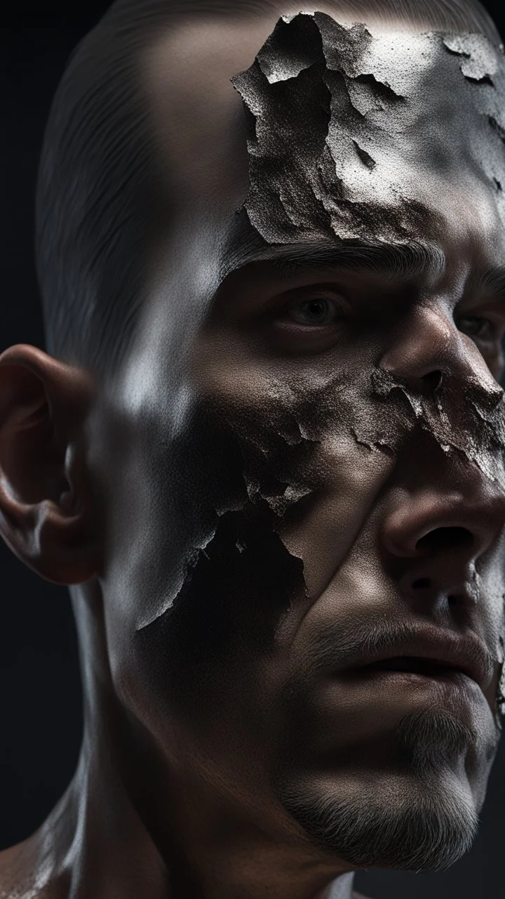 Busch painting style nightmare, a zoomed side view of a man his head is a broken metallic skin texture in a 3d rendering full-height image of a grim and dark scene. Ensure the final images exhibit the utmost quality, encompassing 4K, 8K, and 64K resolutions, with 3D rendering that manifests in photorealistic, hyperrealistic, and highly detailed representations. Employ techniques such as HDR, UHD,