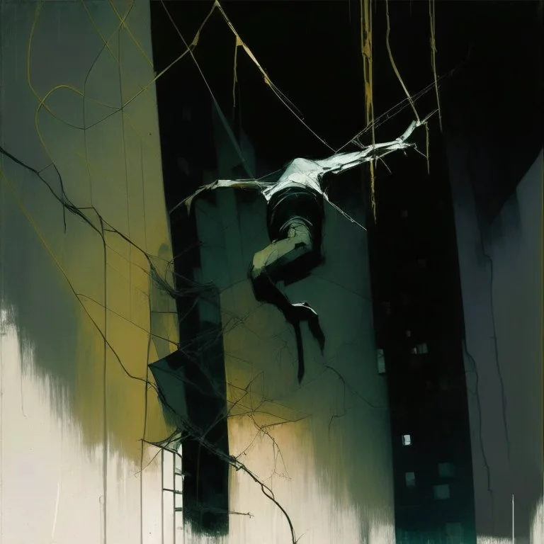 Minimal abstract oil painting of a falling person limbs sinew. Amongst concrete fragments brutalist architecture and hanging wires illuminated at night. In the style of Justin Mortimer and Phil Hale and Ashley Wood