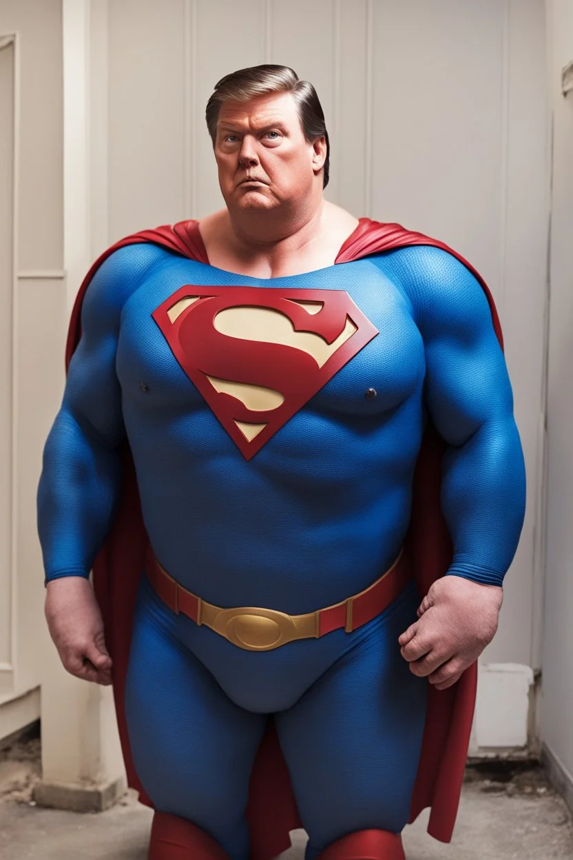 morbidly obese superman with donald trump's head and his gut hanging out