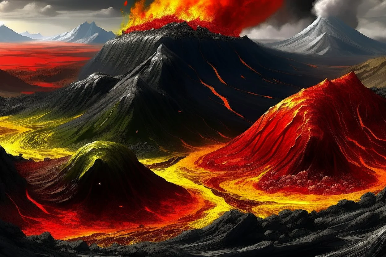 acidic soil with lava and mountains , red white yellow black colors , magic the gathering style, hyper realistic style