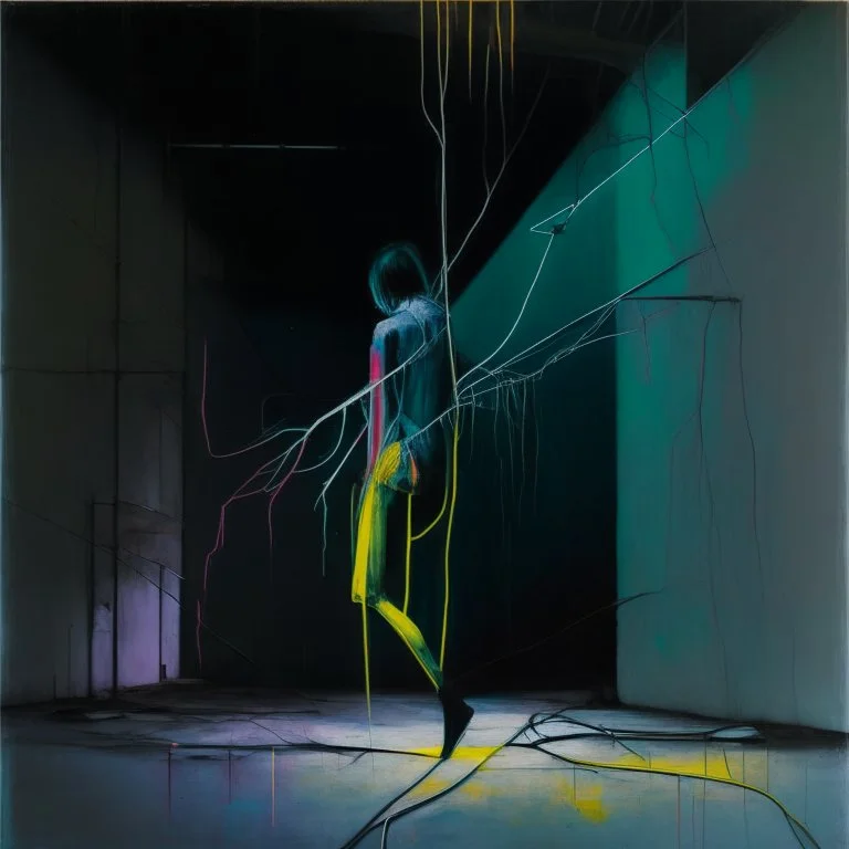 Minimal abstract oil painting of a person limbs sinew. in concrete warehouse brutalist architecture and hanging wires illuminated at night. With triadic colours. In the style of Justin Mortimer and Francis bacon