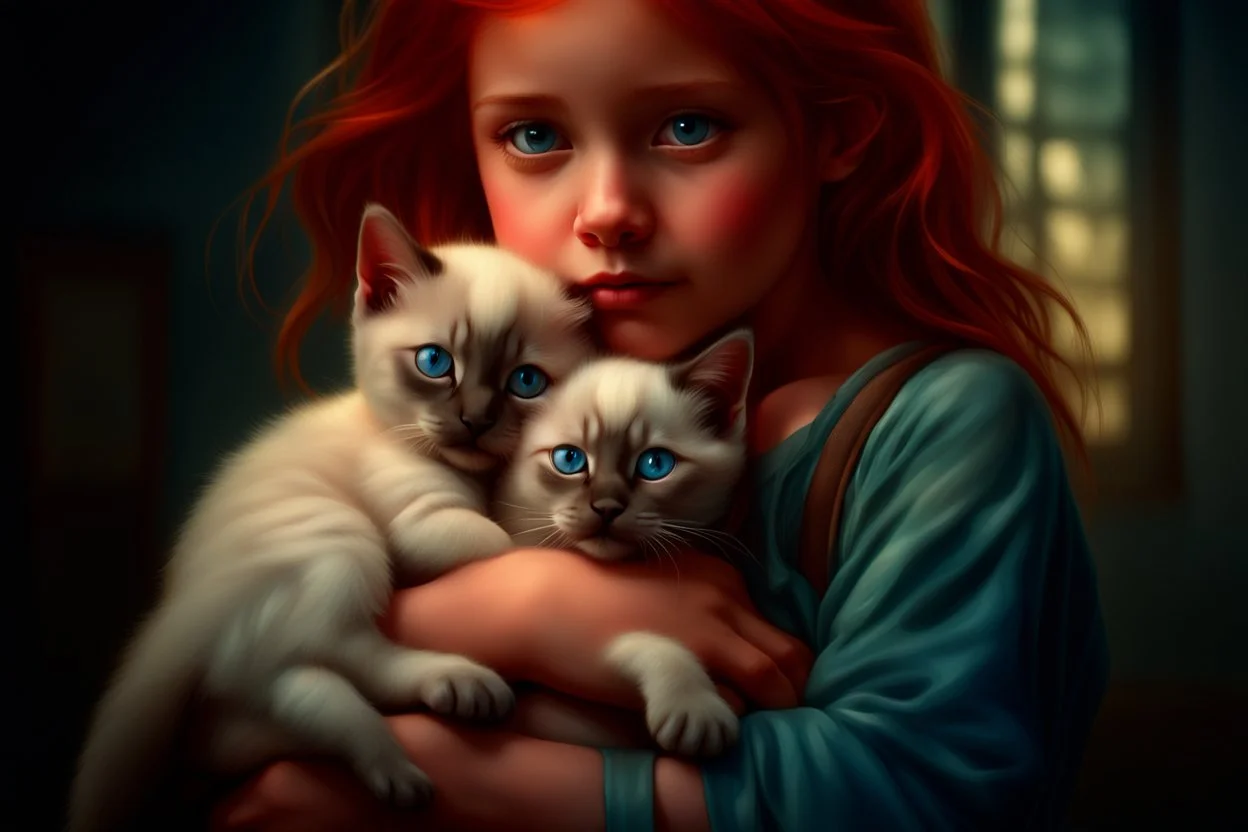 young red haired child lovingly cradles a sweet blue eyed Siamese kitten in her arms, the two of them exuding an air of peace and grace. Modifiers: Award winning photography fantasy oil on canvas photorealistic very attractive dynamic lighting fantastic view ultra detailed cinematic postprocessing VRay neon Iridescent aesthetically perfect facial features Tesselated