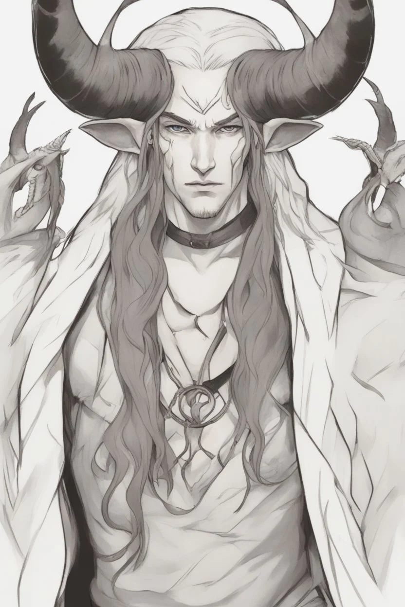 A dnd character portrait, a tiefling man with long hair and long black horns, white eyes and pale skin.