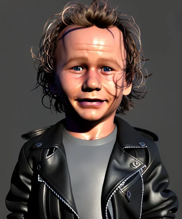 Heath ledger toddler, full body, leather jacket, soft skin, dramatic lighting, hyper realistic