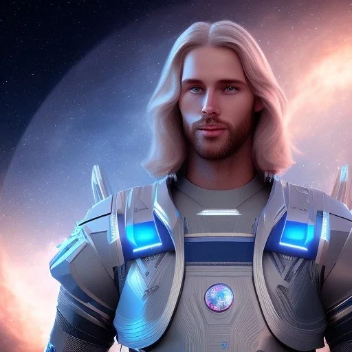 Beautiful cosmic man, blue eyes, long blond hair, smiling, cosmic suit, full body, galactic backdrop, soft lighting, hyper realistic, unreal engine 5, 16k