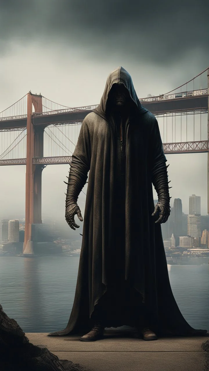 Bosch nightmares paining style Title:the angry giant hooded creature standing tall in front of San Francisco golden bridge , 8k artistic photography, photorealistic concept art, soft natural volumetric cinematic perfect light, chiaroscuro, award-winning photograph, masterpiece, oil on canvas, Raphael, Caravaggio’s, Greg Rutkowski, people, beksinski, Giger