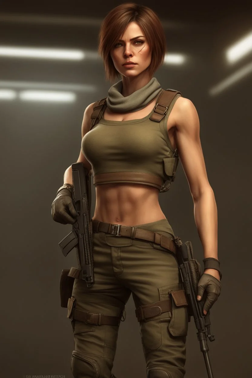 12k wallpaper of Arina- 34 years old woman, mercenery, fierce and stunning, Bobcut brown hair, athletic, wearing combat clothes- HDR quality - trending in artstation, ultra realistic, highly detailed neck, highly detailed face