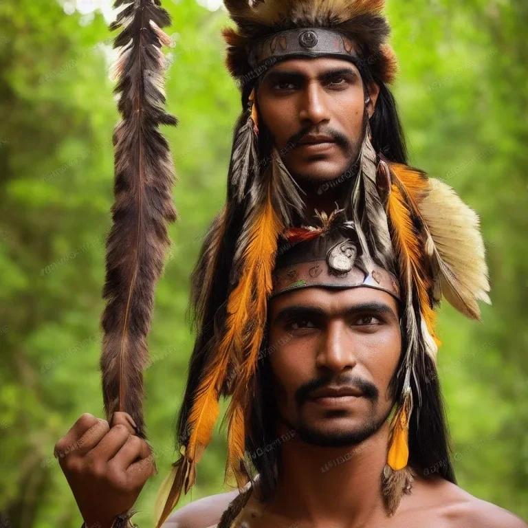 handsome Brazilian indian spirit warrior that protects the exuberant eerie rainforest