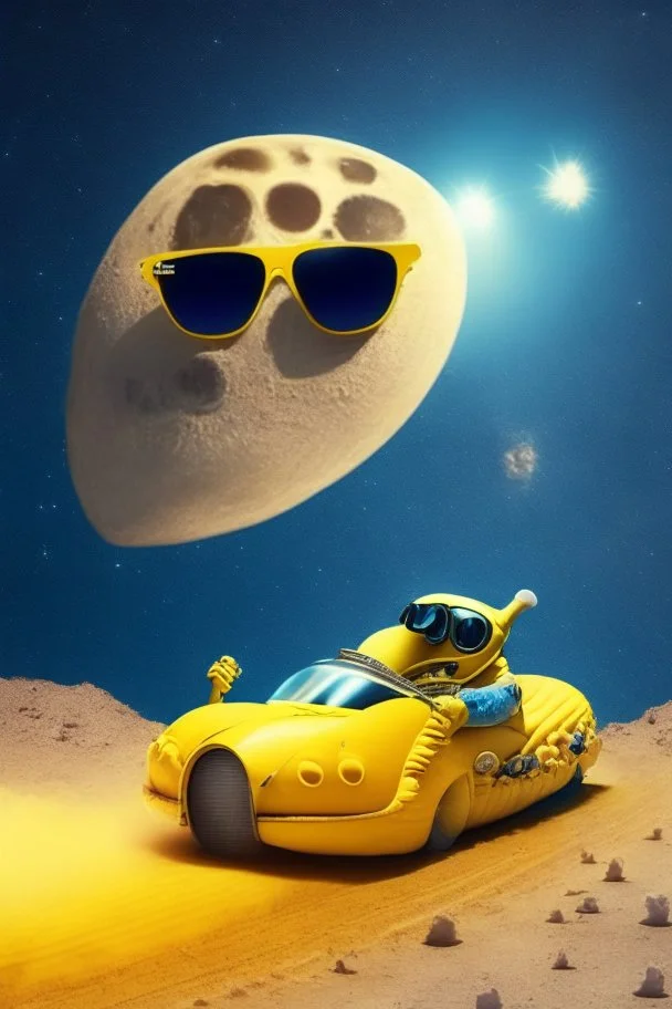 a banana driving a bugatti on the moon while wearing sunglasses