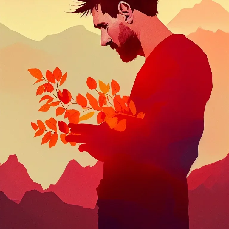 messi portrait , detailed hands, at dawn by atey ghailan, golden light , white robe, holding leaves and flowers , angels background, volumetric light, high detail, red leaf tree, mountains in background, perfect