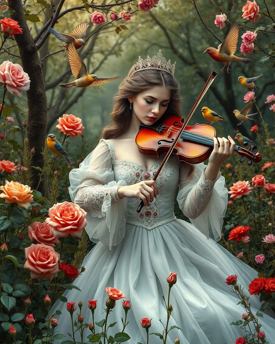 Gorgeous Photography Beautiful Princess playing violinist in Wild garden,flower,birds surrounding,fractal ornamentation, over detailed, gloriously full and confusing, nothing that really exists, everything made up, fantasy world, sweet briar, photography graphic art, song birds, ochre rose,rose buds, dewy morning, forest of oaks