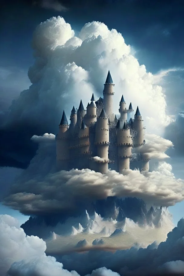 Enormous castle completely made up of clouds in the sky, ominously looming above.