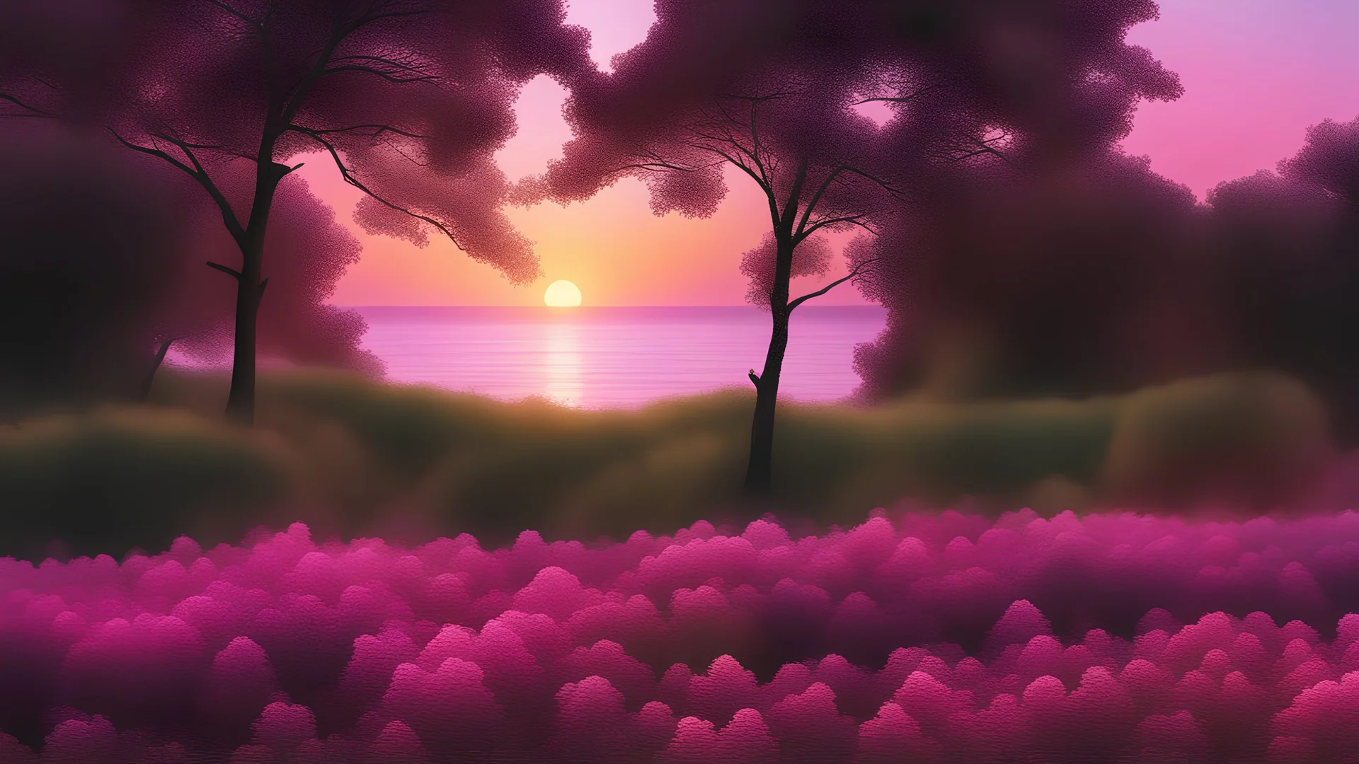 Sea, trees, sunset and pink flowers