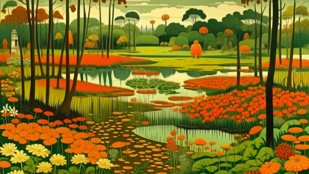 An olive green wetlands with fiery orange flowers painted by Edward Hicks