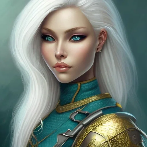 D&D cleric, female, platinum blonde hair, happy, teal armor, gold iris