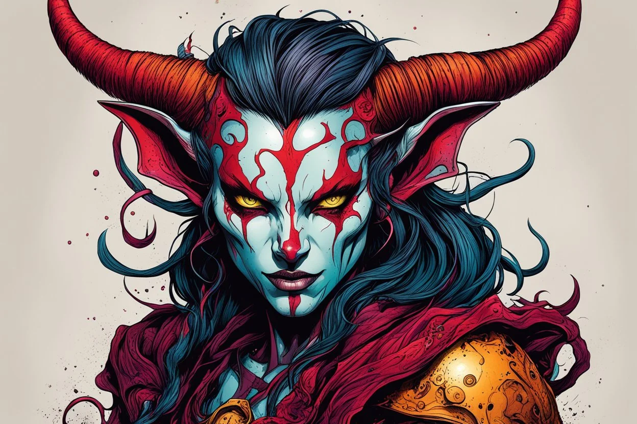 highly detailed, color woodcut concept illustration of a female Tiefling seeress character , maximalist, sharp focus, highest resolution, in the styles of Alex Pardee, Wayne Reynolds, Denis Forkas , and Masahiro Ito, boldly inked, 8k, coarse, gritty textures