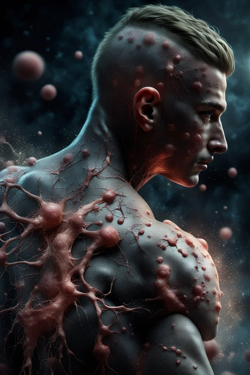 a photorealistic 12k ultra definition of a beautiful man, he is captured in a mysterious stretching pose with face slightly hidden, his full body exposed to reveal cancer cells. it grows on his skin roots and cells,,dark and mysterious lighting in background , epic, gothic photography , explosive and chaotic background, splatter paint